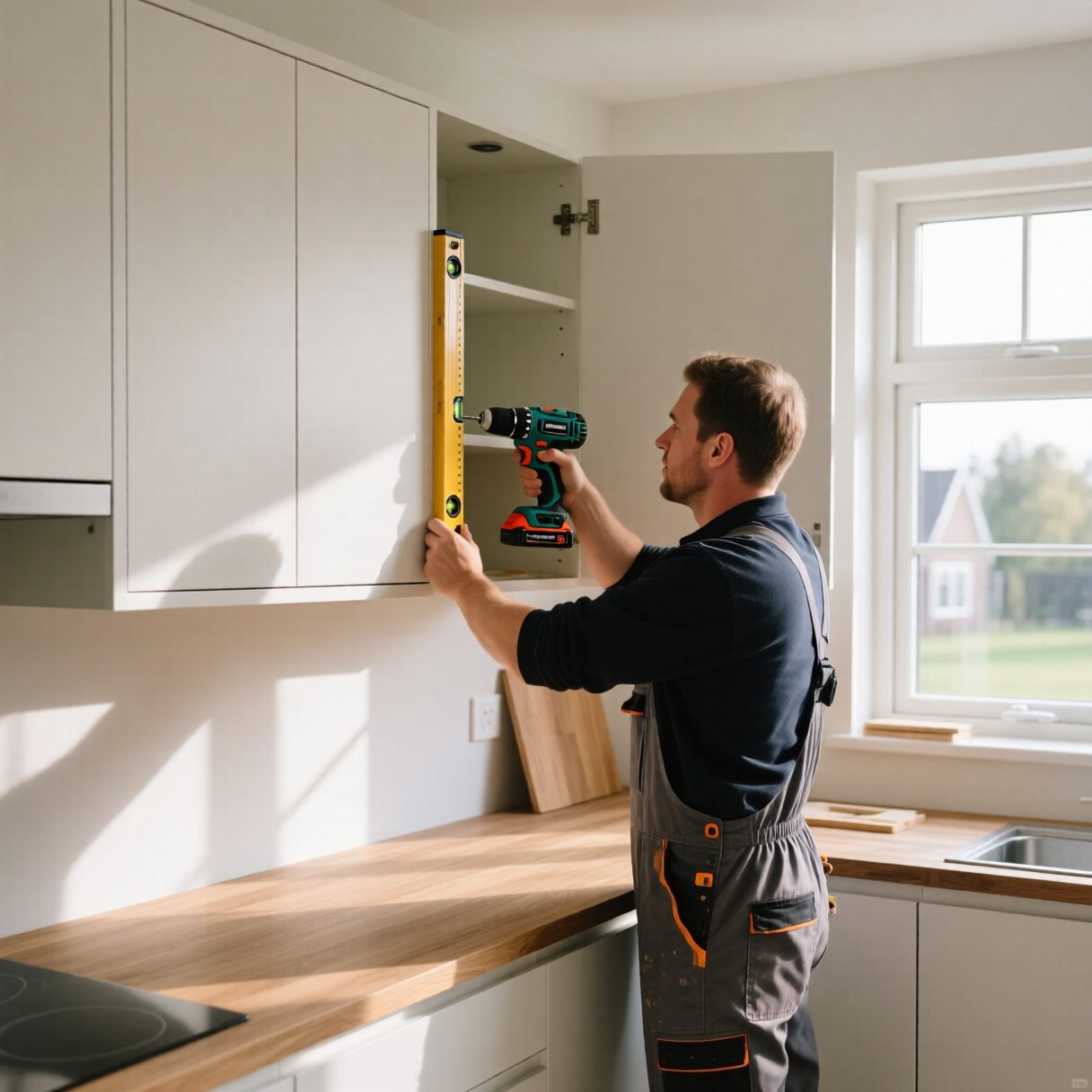 Keukenkast wordt waterpas gemonteerd